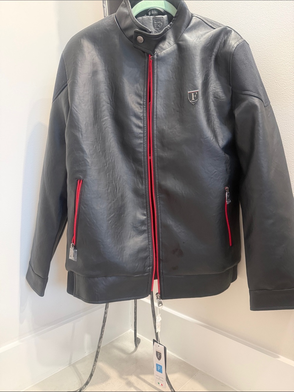 Men's Black Leather Bomber Jacket with Red Trim
